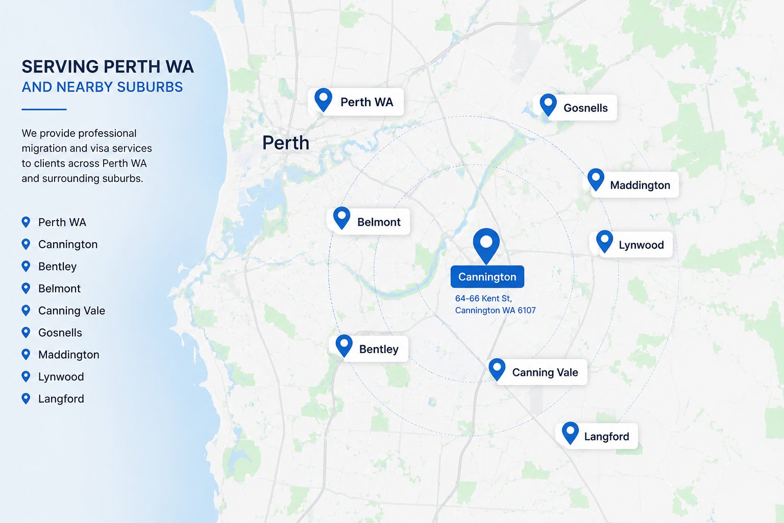 Migration agent serving Perth WA from Cannington office including Bentley Belmont Canning Vale Gosnells Maddington Lynwood and Langford
